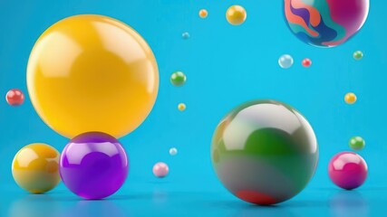 A stylized design featuring large colorful marbles in various shapes and sizes floating on a bright blue background, blue background, abstract design