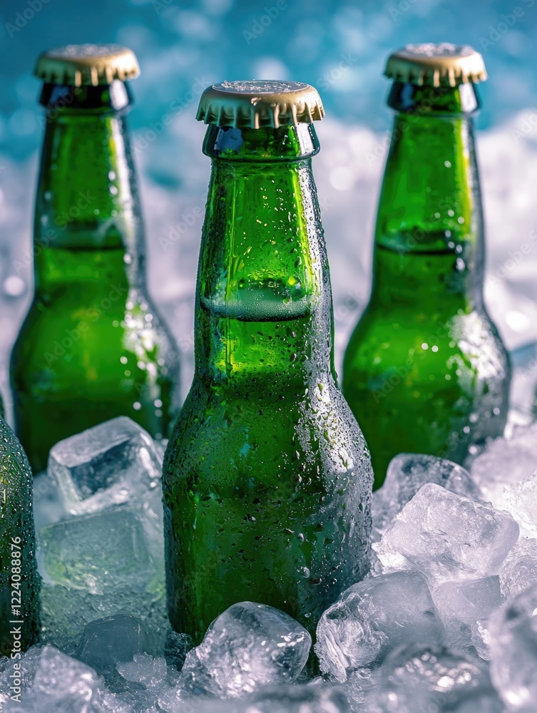 Poster three green beer bottles with caps on top are sitting on a tray of ice. the bottles are cold and the