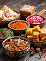 Obraz premium A variety of spices and candies are displayed in bowls on a wooden table. The bowls are arranged in a way that creates a sense of abundance and variety. The spices and candies are of different colors