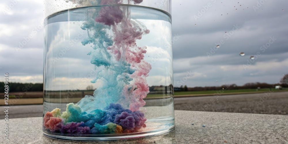 Aufkleber a swirling cloud of colored particles settles at the bottom of a container filled with water, creati