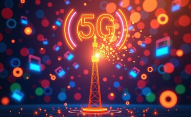 Obraz premium A glowing 5G tower with wireless signal icons surrounded by interconnected digital devices, representing advanced network technology and high-speed communication.