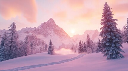 Snowy mountain sunrise, winter valley path, pink sky, tranquil scene, travel poster