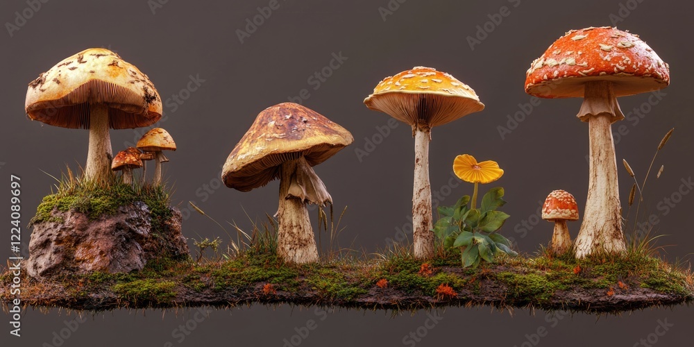 Poster a row of mushrooms and a flower are displayed in a 3d image. the mushrooms are of various sizes and 
