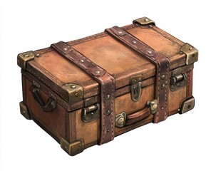 Vintage brown leather suitcase with metal corners and straps.