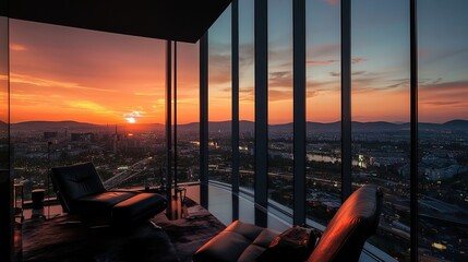 Wide-Angle View of a Luxury Apartment at Sunset