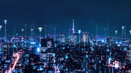 Naklejka premium Night city skyline, wireless network, digital connectivity, futuristic cityscape, Tokyo