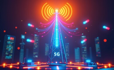 A glowing 5G tower with wireless signal icons surrounded by interconnected digital devices, representing advanced network technology and high-speed communication.