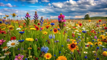Obraz premium A vibrant and colorful meadow filled with wildflowers of all shapes and sizes, swaying gently in the breeze, surrounded by tall grasses, botanical photography, sunny day