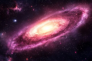 Naklejka premium A vibrant spiral galaxy glowing with pink and yellow hues, set against a backdrop of stars