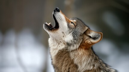Naklejka premium A wolf howling against a blurred natural background.