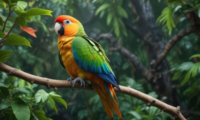 Obraz premium A vibrant parrot perched on a sturdy branch with lush green leaves, branch, nature