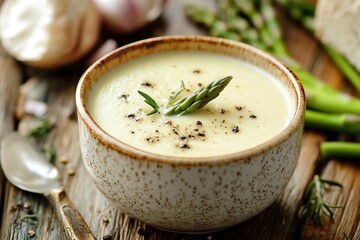 asparagus cream soup in ceramic dishes, pastel tone