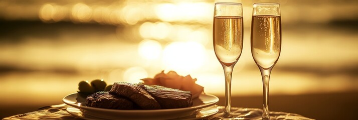 A romantic sunset dining scene featuring two glasses of sparkling wine and a delicious meal, creating a perfect atmosphere for celebration.
