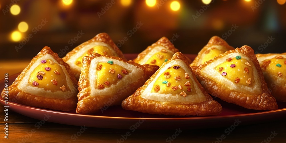 Poster a plate of triangular pastries with colorful sprinkles on top. the pastries are arranged in a neat r