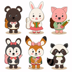 Fototapeta premium Adorable animal kids with backpacks ready for school.
