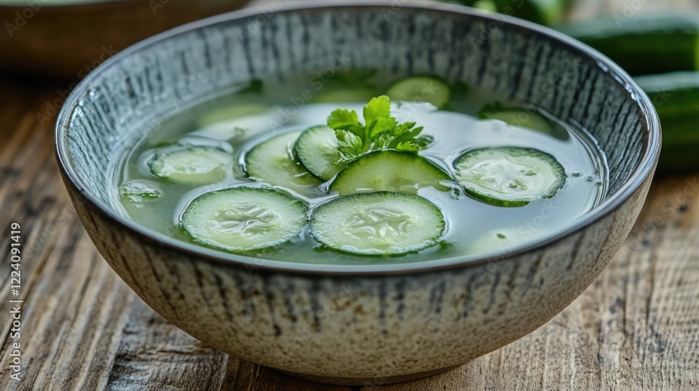 Poster a bowl of soup with cucumbers floating in it. the soup is green and the cucumbers are sliced