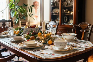 Fototapeta premium A decorated Thanksgiving dinner table set with traditional dishes