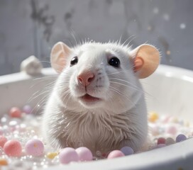 A white rat in a bathtub filled with soap bubbles, bubble, cleanliness