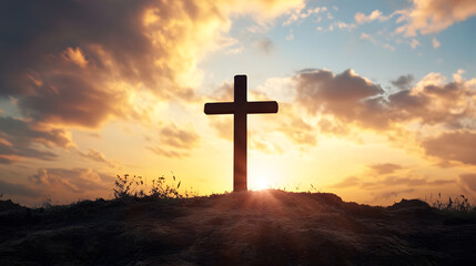 Silhouette of Cross Against Dramatic Sunset and Cloudy Sky : Generative AI