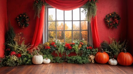 Autumnal Window Scene: A Festive Fall Interior with Pumpkins, Wreaths, and Lush Greenery
