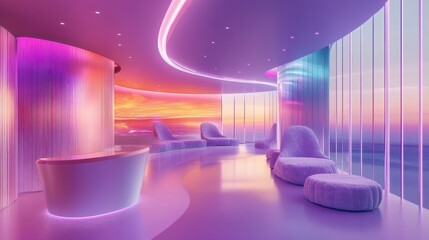 Studio room with a gradient lilac ombre wall, modern flooring, and a glowing display podium highlighted with soft pink, violet, and blue neon lights for a cyberspace-themed setup. 