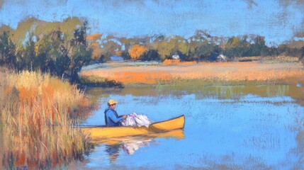 Gentle Midday Glow Over Farmland: A Pastel Drawing of a Volunteer in a Canoe Transforming Plastic Bags into a Beautiful Natural Scene
