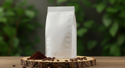 Blank Coffee Packaging Mockup with Ground Coffee and Beans