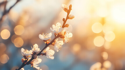 Spring blossoms at sunset, orchard background, nature scene