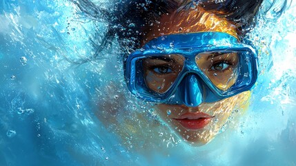Woman underwater swimming, mask, ocean, bubbles, summer, relaxation, travel, freedom