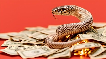 Fototapeta premium Snake Coiled on Stack of Money Against Red Background