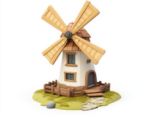 Cartoon windmill illustration, 3D render.