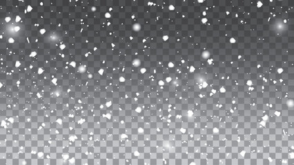 Abstract winter background from snowflakes blown by the wind on a white checkered background. White dust light png. Heavy snowfall, snowflakes in different shapes and forms.