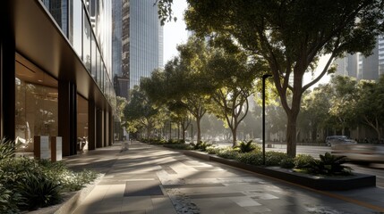 Revitalized Business District Features Sleek Facades and Tree-Lined Walkways with Modern Aesthetic in Bright Natural Light