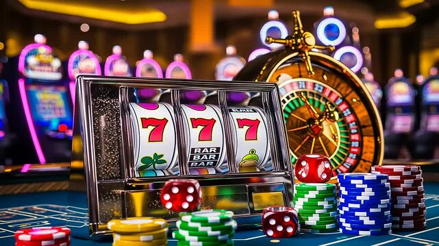 Casino Slot Machine with 777 Jackpot, Roulette Wheel, and Dice