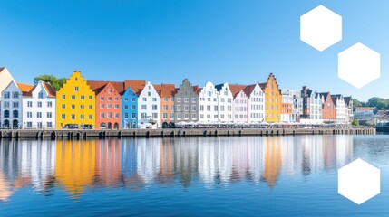 Obraz premium Colorful houses reflect in calm water, sunny day, waterfront city