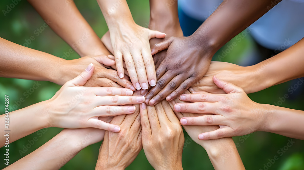 Aufkleber close up of diverse hands joining together in a circle symbolizing unity and teamwork : generative a