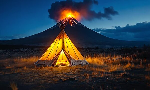 A glowing teepee illuminated at night with an erupting volcano in the background under a starry sky