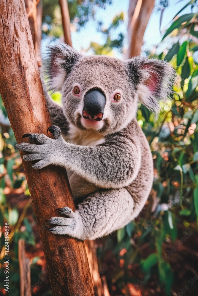 Poster a koala is sitting on a tree branch and looking at the camera. scene is playful and curious