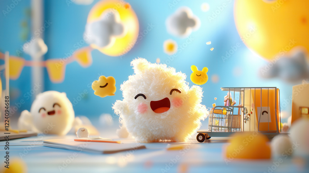 Poster fluffy weather themed character expressing joy in colorful setting