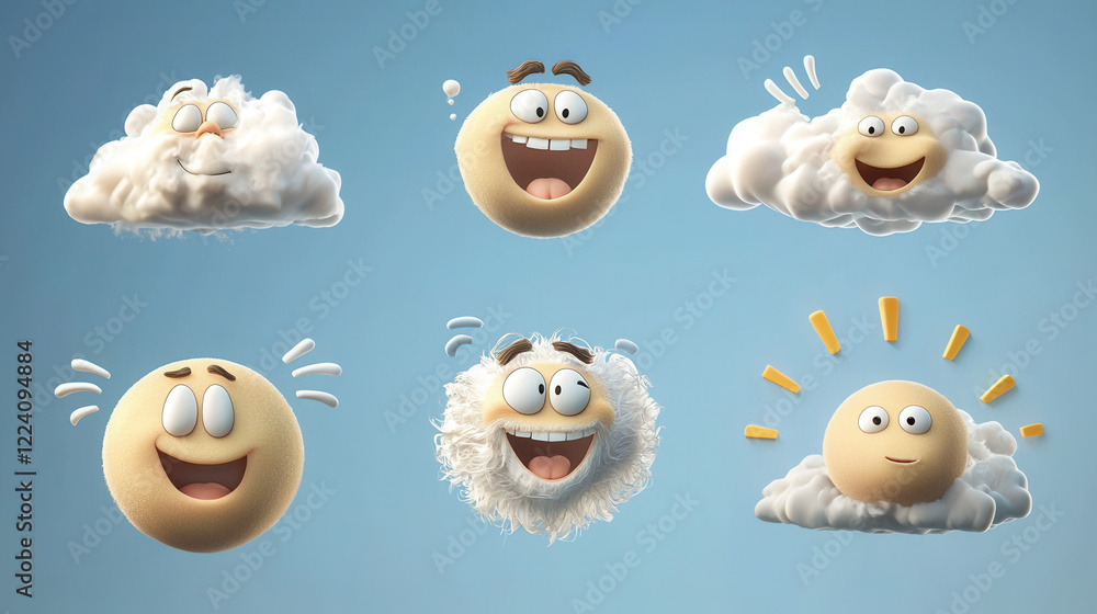 Poster joyful weather themed characters expressing various emotions in playful design