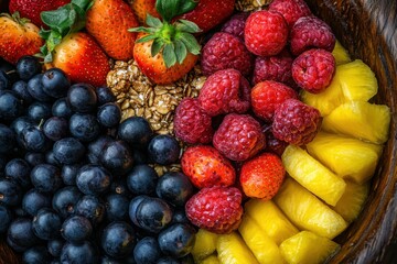 Fototapeta premium A close-up view of a colorful Brazilian acai bowl with fresh fruits granola and rich textures