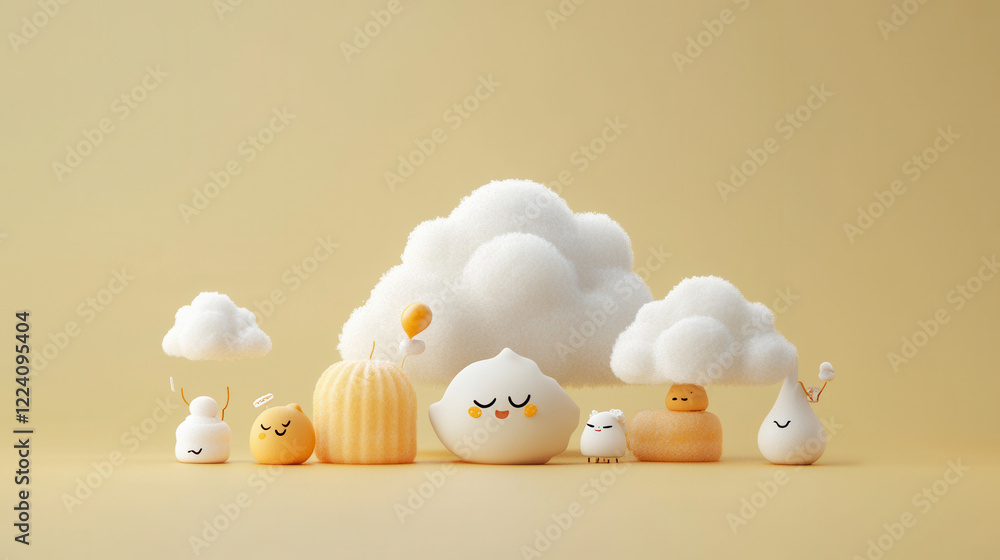 Poster cute weather themed characters with neutral expressions, featuring clouds and playful designs in sof