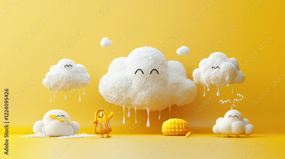 Poster fluffy clouds with cheerful expressions and playful characters on bright yellow background create wh