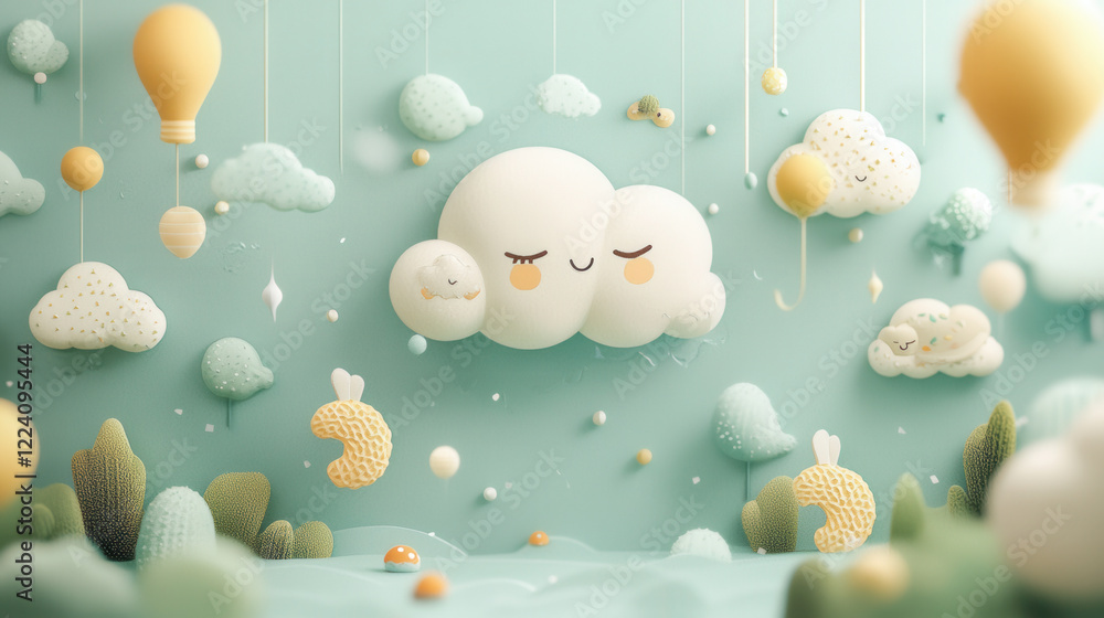 Poster soft clouds with smiling faces float among pastel balloons and whimsical trees, creating serene and 