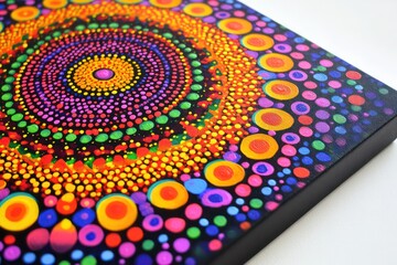 A vibrant dot mandala with a bold mix of neon colors, created using point-to-point acrylic painting on a canvas.