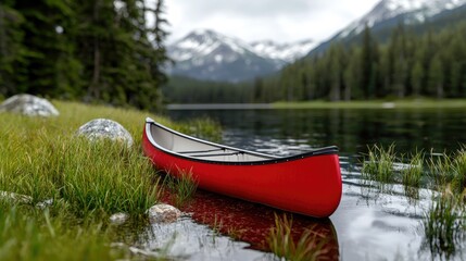 Red canoe at lakeshore, mountain backdrop, calm water, nature scene, travel poster