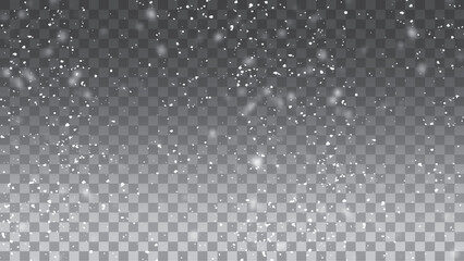 Falling snowflakes in transparent beauty, delicate and small, isolated on a clear background. Snowflake elements, snowy backdrop. Vector illustration of intense snowfall, snowflakes.