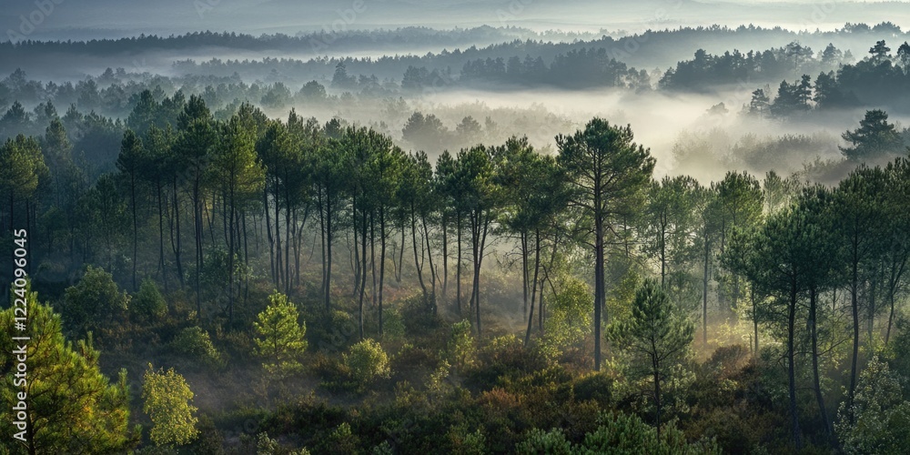 Poster a forest with trees in the foreground and background. the trees are covered in fog. the sky is cloud