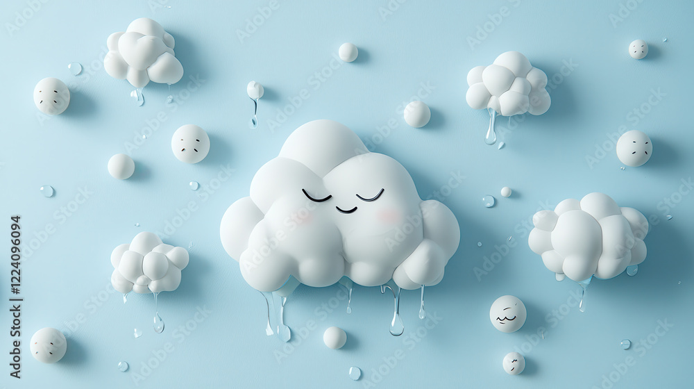 Poster cute weather themed character design featuring smiling clouds and raindrops, creating cheerful atmos