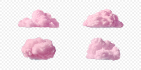 Set of realistic fluffy pink steam clouds. Vector design element of rose sky isolated on transparent backdrop
